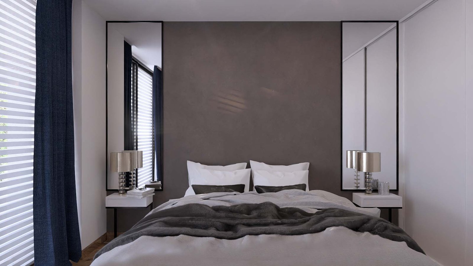 Quarto moderno com cama king, parede de microcimento cinza escuro e espelhos — projeto Casa JM, por Hermann Arquitectos, em X6VF+67